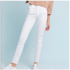 AG The Stevie Slim Straight Ankle Raw Hem White Jeans